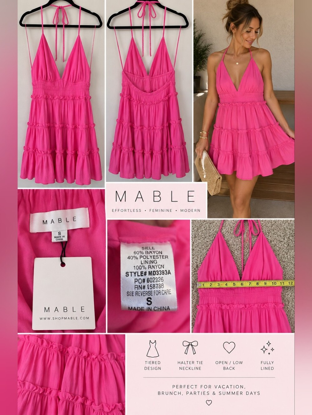 MABLE Hot Pink Tiered Ruffle Halter Mini Dress Size Small NWT